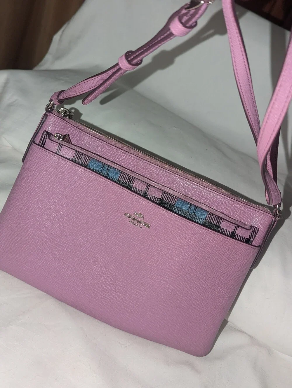 Coach East West Leather Crossbody with Lilic & Blue Plaid Pouch F 22252